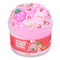 Vibrant pink cloud dough slime in a clear jar, decorated with strawberry and bunny charms plus candy-like sprinkles, labeled “Straw-Bunny Swirl” by Peachybbies for playful sensory fun.