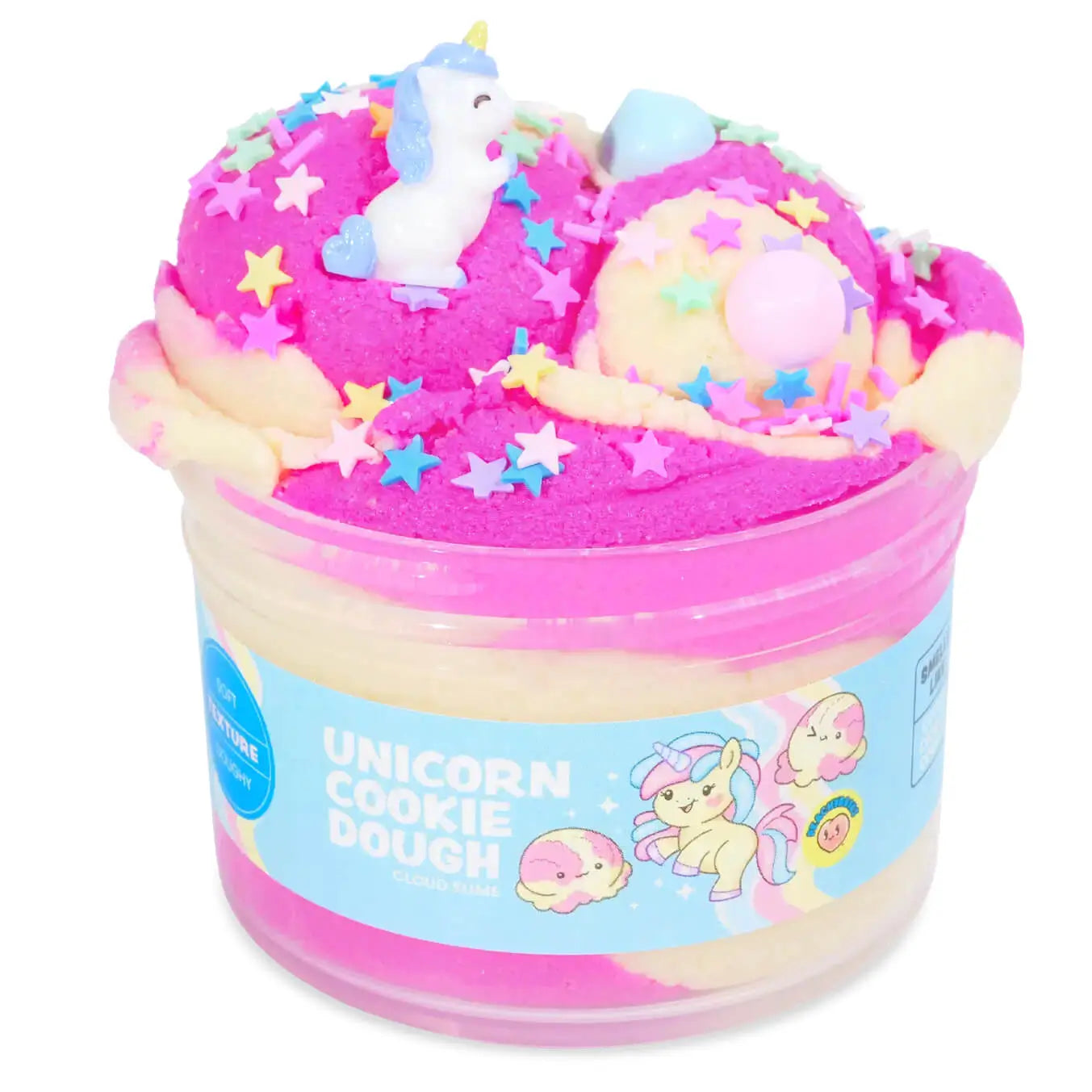 Pink and cream cloud dough slime with a soft, dough-like texture, topped with a unicorn figurine, pastel stars, sprinkles, and round charms, packaged in a jar labeled Unicorn Cookie Dough Cloud Slime.