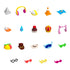 Set of 18 colorful PhatMojo Pet Simulator Series 2 toy accessories including hats, crowns, glasses, and headphones for decorating collectible pet figures.