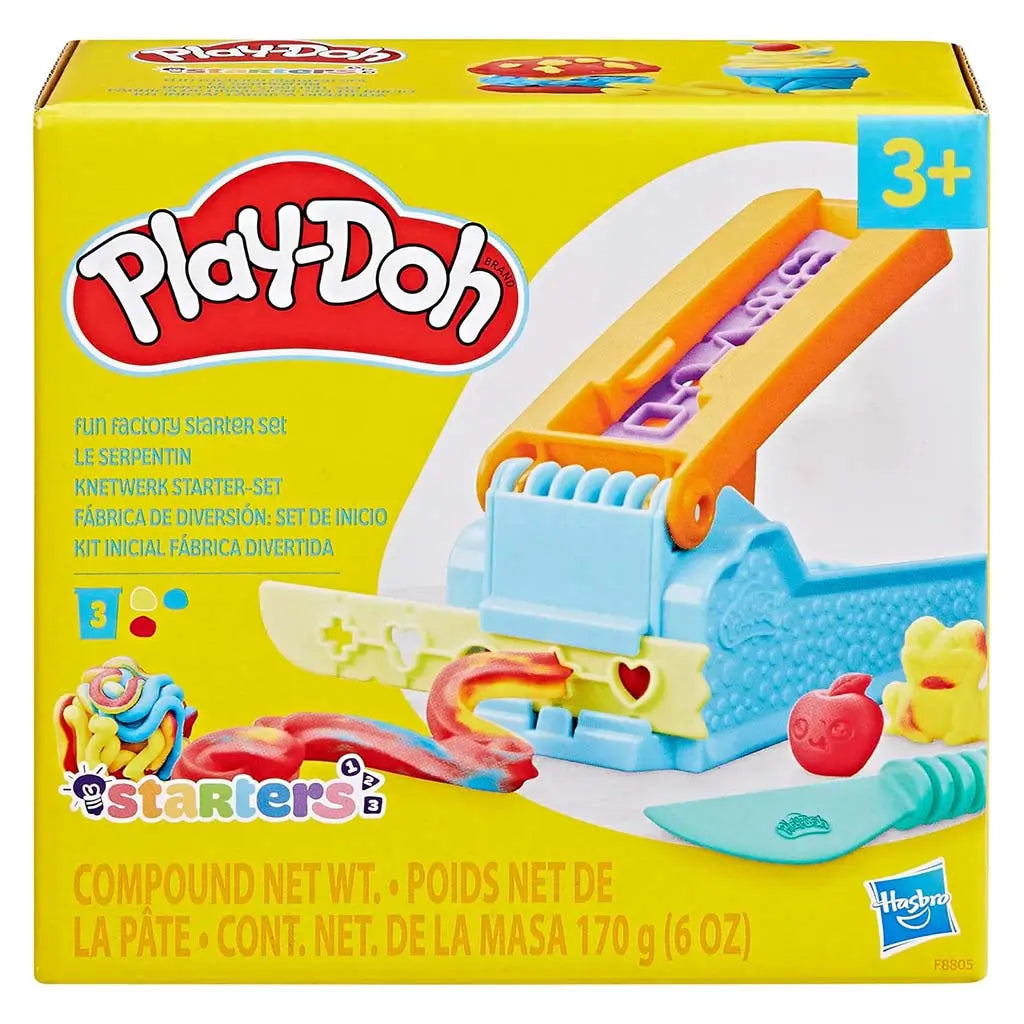 Play-Doh starter set yellow box featuring blue extruder with orange lever, sample multicolor dough shapes and labeled age 3+ displayed against clean background for product packaging view.