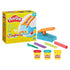 Play-Doh starter set in bright yellow box with colorful plastic extruder, molds and three small dough tubs shown with smooth textured tools arranged in front against plain white background for kids’ crafting.