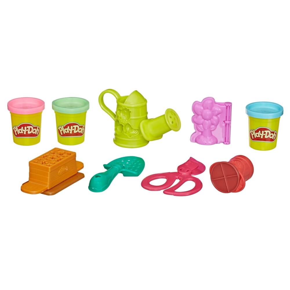 Play-Doh Growin' Garden Toy Gardening Tools Set - shows Play-Doh Cans in pink, green and blue with garden tools