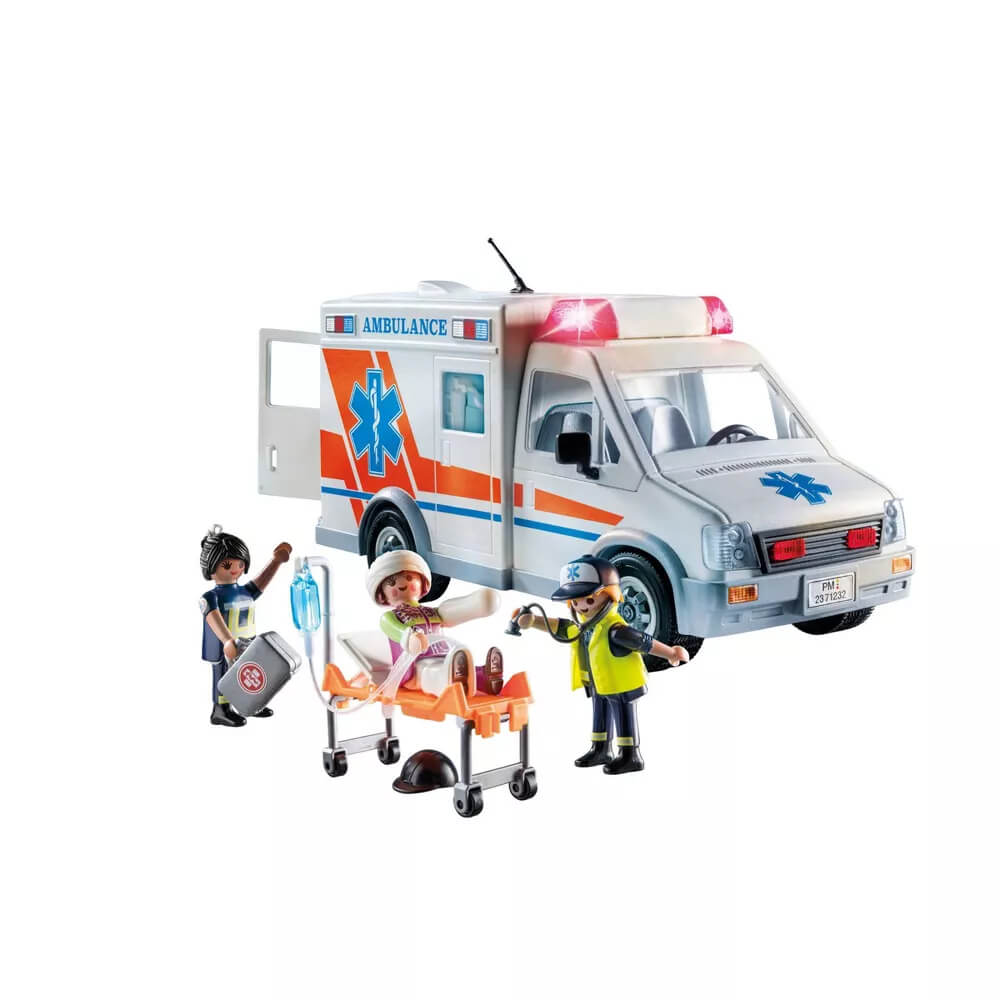 pieces set up of the PLAYMOBIL City Action US Ambulance with Lights (71232)
