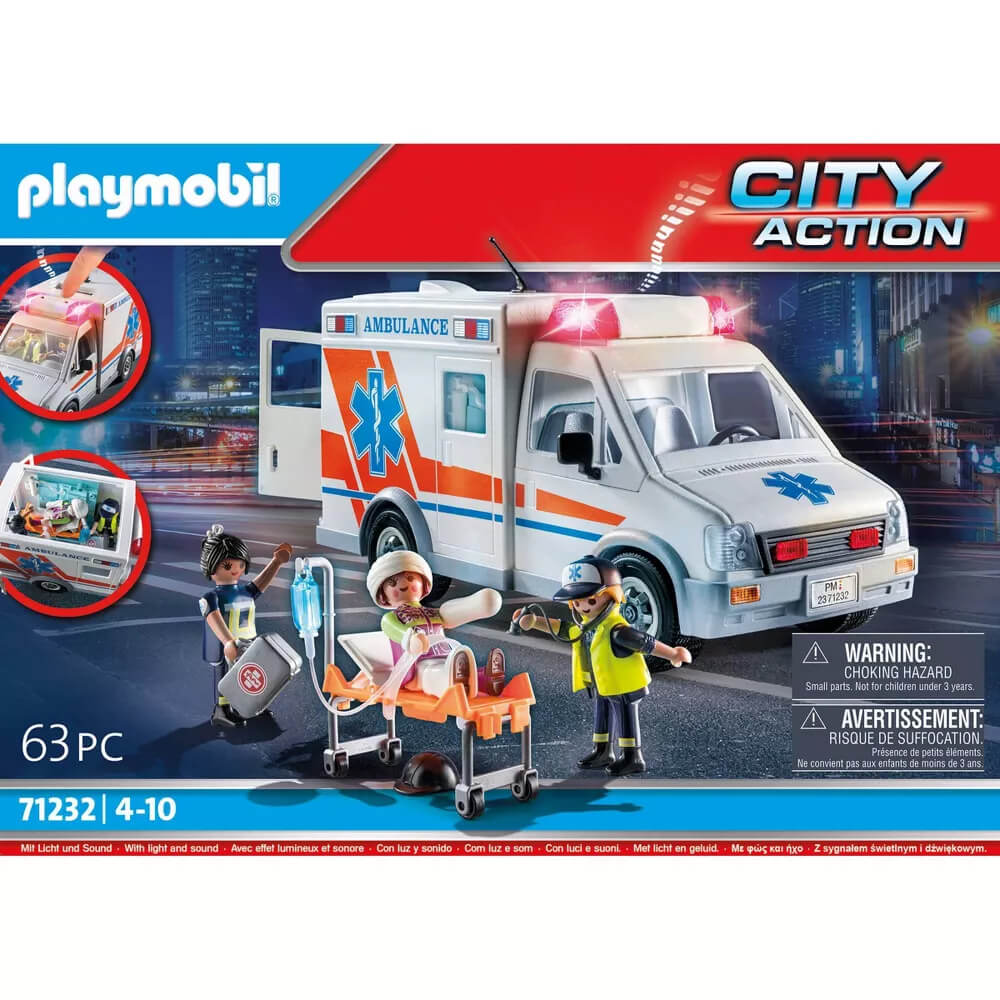 PLAYMOBIL City Action US Ambulance with Lights (71232) front of the package
