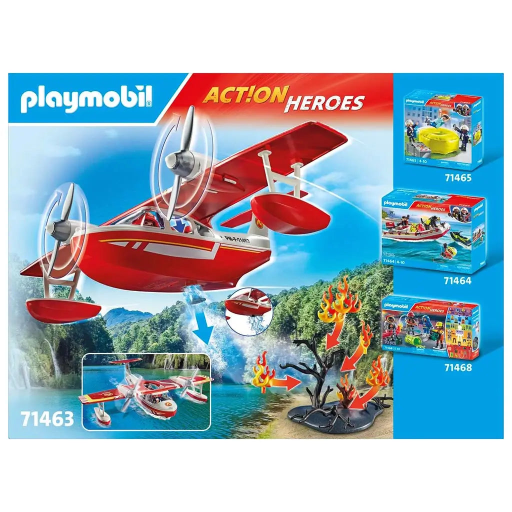 Back of Playmobil Action Heroes box featuring seaplane dousing lakeside flames, inset images of features and included pieces, all set on bright blue branded packaging.