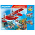 Back of Playmobil Action Heroes box featuring seaplane dousing lakeside flames, inset images of features and included pieces, all set on bright blue branded packaging.