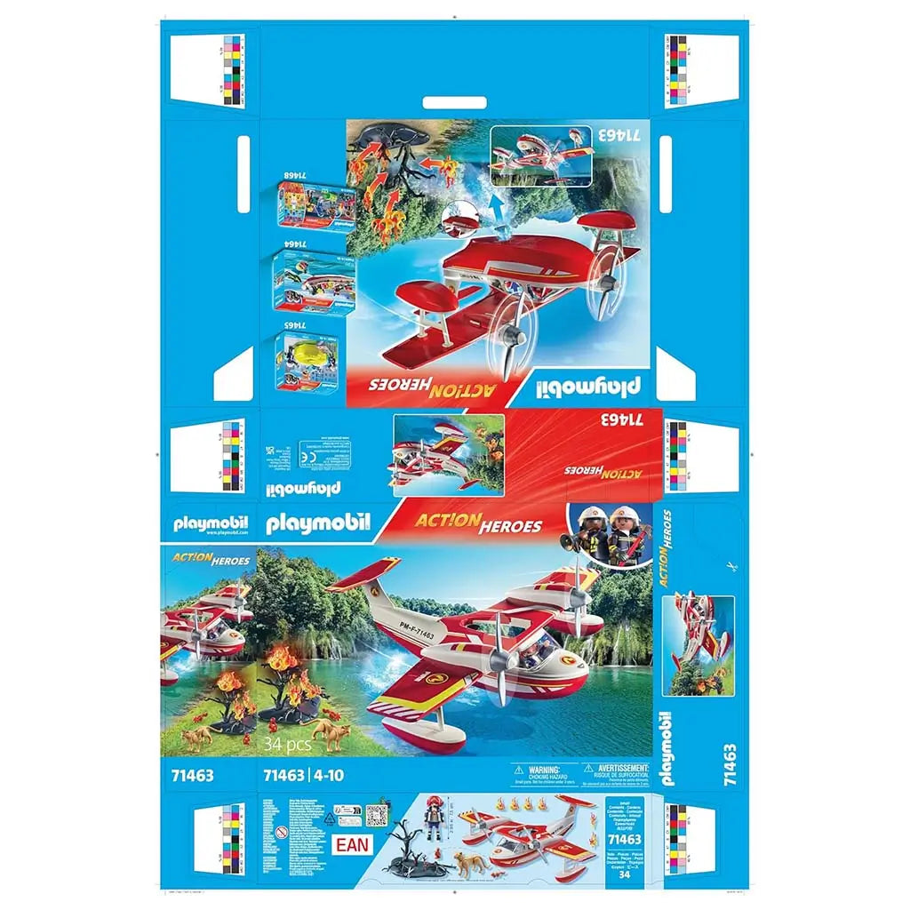 Unfolded Playmobil packaging sheet showing full product artwork with red and white seaplane, lake fire scene, accessory previews and brand panels arranged across a flat blue layout.