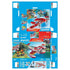 Unfolded Playmobil packaging sheet showing full product artwork with red and white seaplane, lake fire scene, accessory previews and brand panels arranged across a flat blue layout.