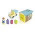 Playmobil Junior set displays colorful plastic dump truck, builder figure and shape pieces next to a compact garage with blue roof and yellow doors designed for early learning construction play.