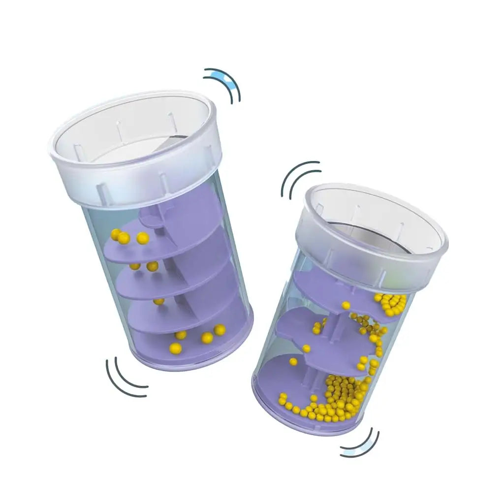 Toy spiral-ramp canisters with clear plastic walls, purple spiral platforms, and bright yellow beads shown shaking against a soft blue backdrop to highlight motion, sensory fun, and playful construction design.