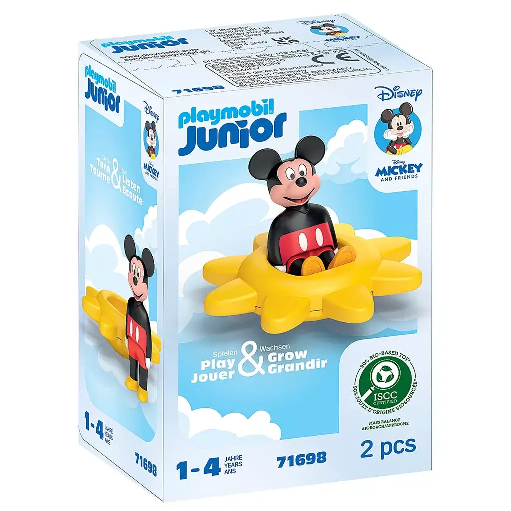 Playmobil Junior Disney Mickey Mouse spinning sun box displays Mickey sitting in the yellow sun-shaped rattle spinner, promoting the 2-piece set designed for toddlers ages one to four.