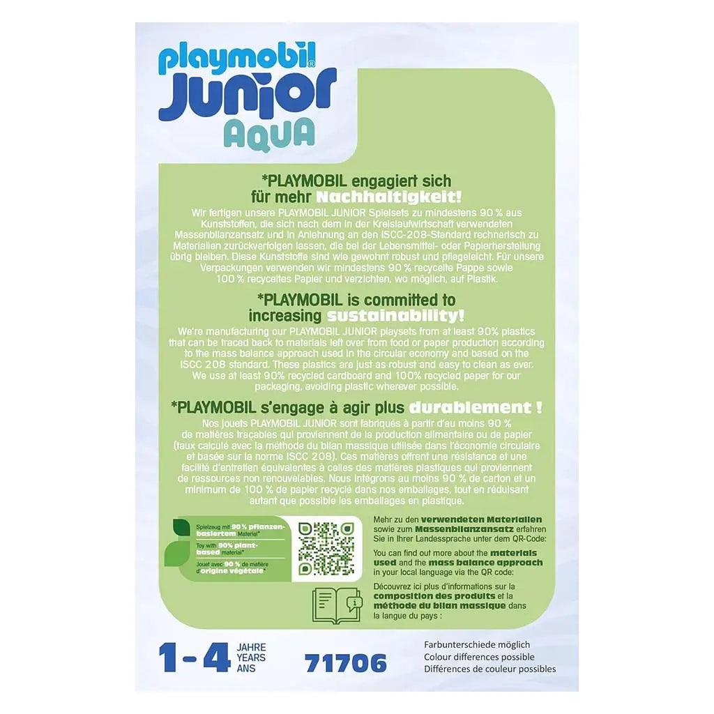 Playmobil Junior Aqua package back highlights sustainability text with multilingual details describing recycled cardboard, plant-based materials and eco-friendly production for the Minnie Mouse set.
