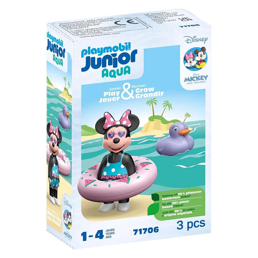 Playmobil Disney Minnie Mouse Aqua packaging displays Minnie in blue swimsuit and watermelon float beside purple duck on bright tropical beach backdrop, emphasizing toddler water-play fun.