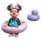 Playmobil Disney Minnie Mouse toy features black figure in blue polka-dot swimsuit with pink watermelon float and purple duck accessory, styled for cheerful toddler-friendly beach play scenes.