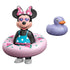 Playmobil Disney Minnie Mouse toy features black figure in blue polka-dot swimsuit with pink watermelon float and purple duck accessory, styled for cheerful toddler-friendly beach play scenes.