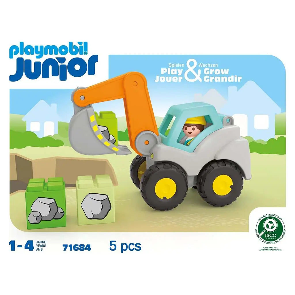 Unfolded Playmobil Junior excavator box layout displays product photos, safety text, color bars, and branding, illustrating the full packaging design for the toddler-friendly construction set.