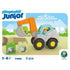 Unfolded Playmobil Junior excavator box layout displays product photos, safety text, color bars, and branding, illustrating the full packaging design for the toddler-friendly construction set.
