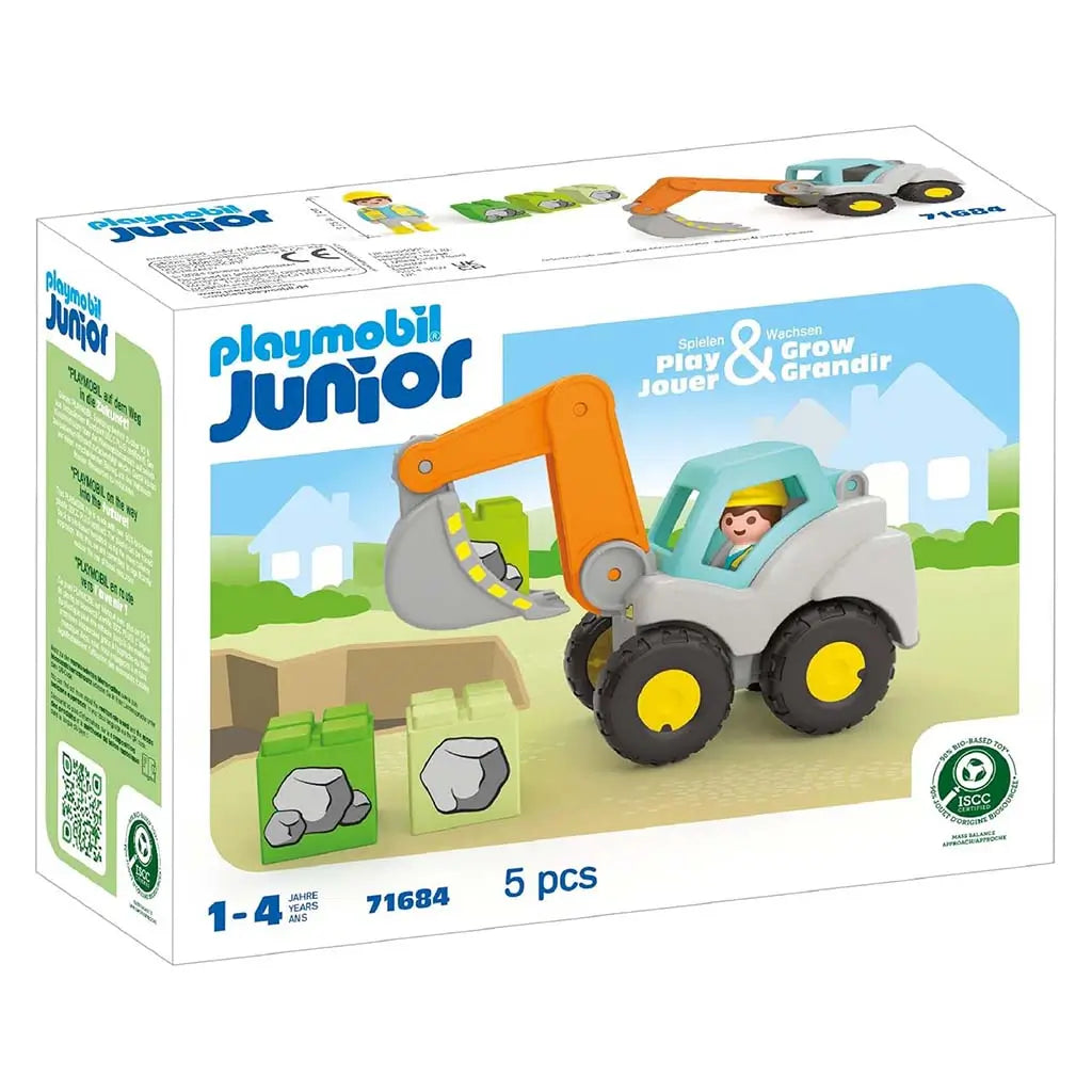 Front panel of the Playmobil Junior excavator box shows the gray and orange digger beside two illustrated rock blocks, promoting the 5-piece set designed for ages one to four.