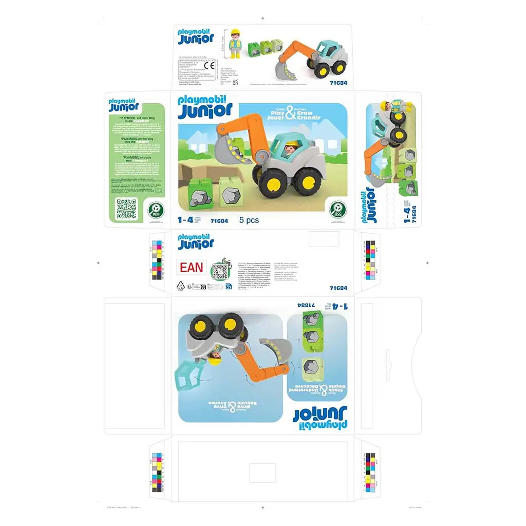 Playmobil Junior excavator packaging shows the gray digger with an orange arm lifting rock blocks in a soft outdoor scene, highlighting the 5-piece construction set for young toddlers.