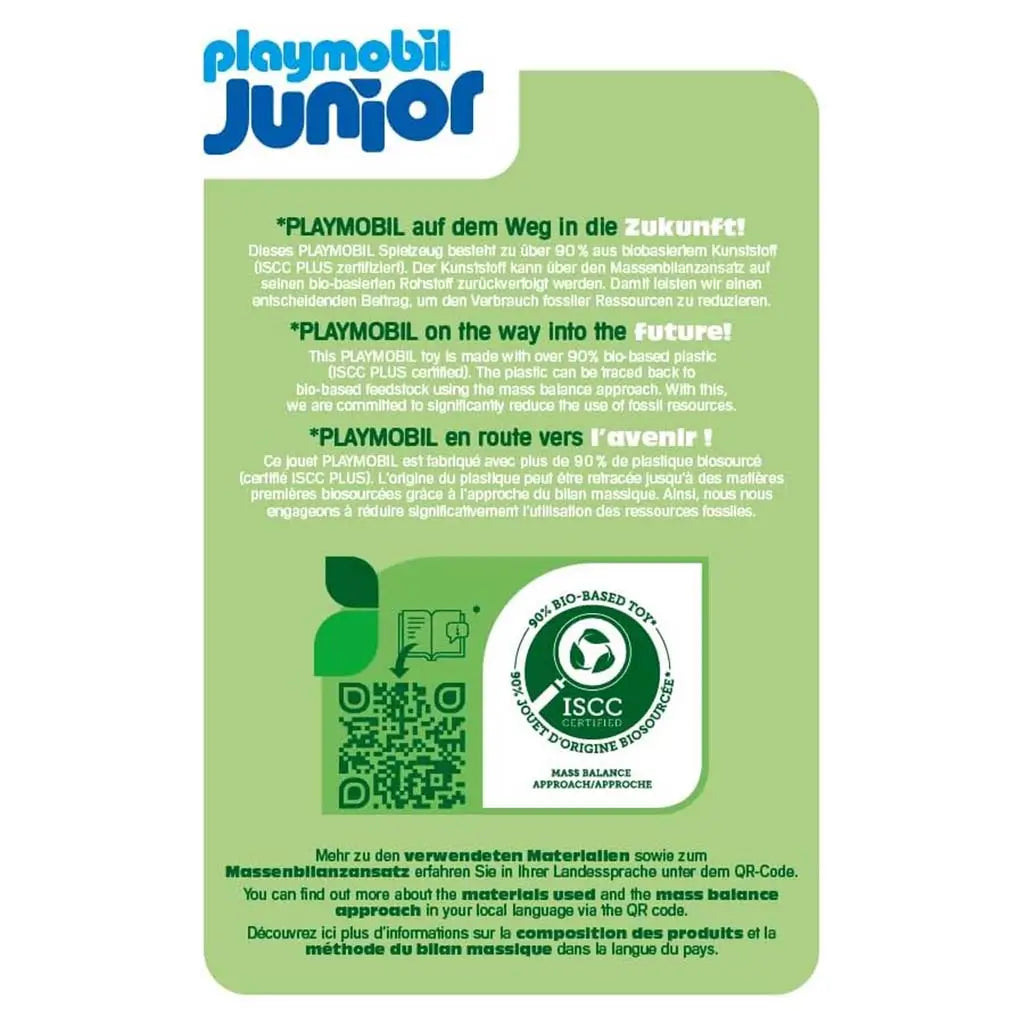 Sustainability information sheet for Playmobil Junior explains the toy’s over 90% bio-based plastic content with ISCC certification and mass balance sourcing, emphasizing eco-friendly materials.