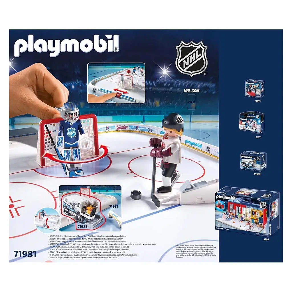 Playmobil NHL hockey set packaging shows colorful plastic rink components, movable goalie feature, and accessories displayed on a smooth illustrated rink surface inside an arena backdrop.