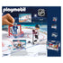 Playmobil NHL hockey set packaging shows colorful plastic rink components, movable goalie feature, and accessories displayed on a smooth illustrated rink surface inside an arena backdrop.
