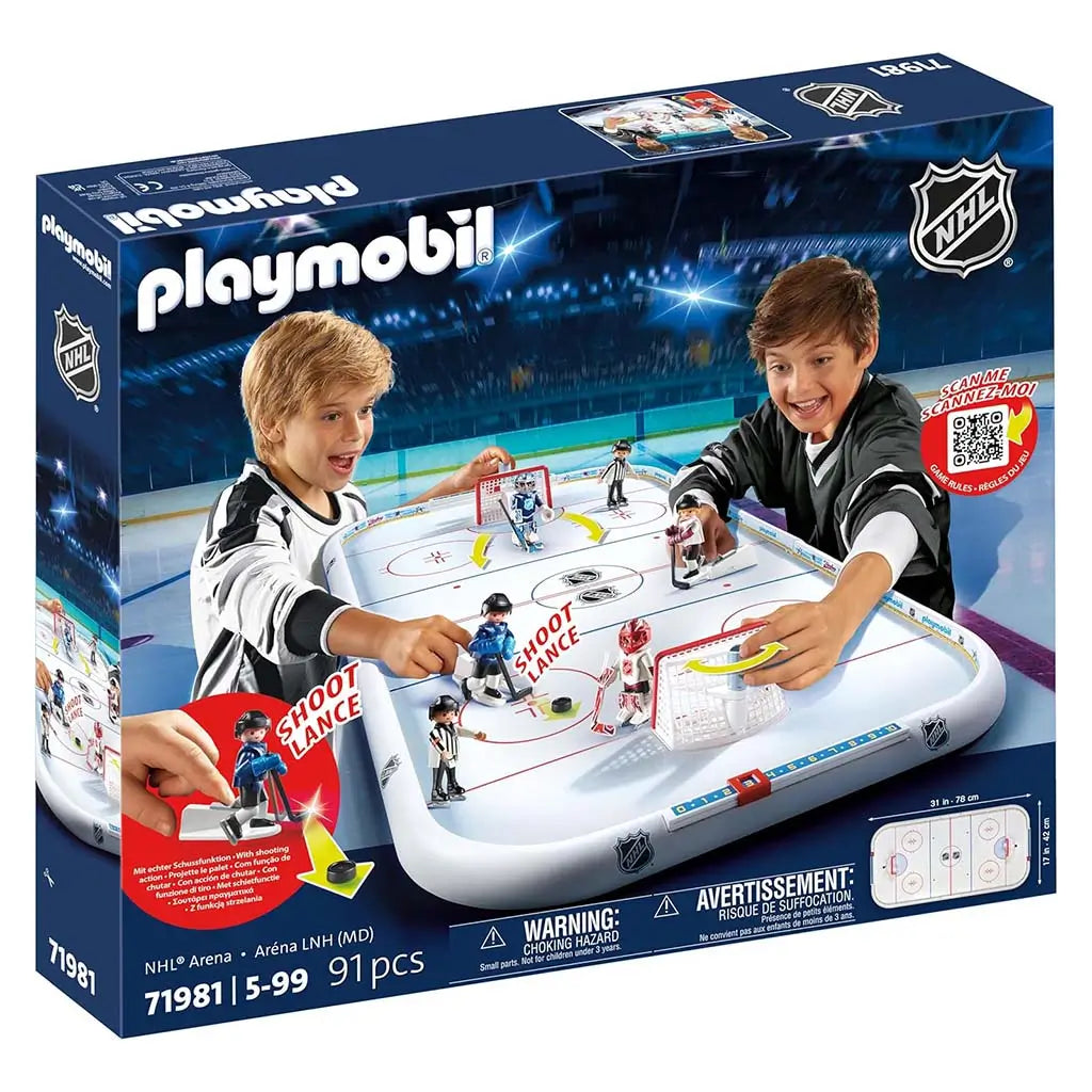 Playmobil NHL hockey arena toy set shown in bright colors with smooth plastic rink, rounded board edges, action figurines, and scoring features displayed against a stadium backdrop for kids' play.