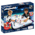 Playmobil NHL hockey arena toy set shown in bright colors with smooth plastic rink, rounded board edges, action figurines, and scoring features displayed against a stadium backdrop for kids' play.