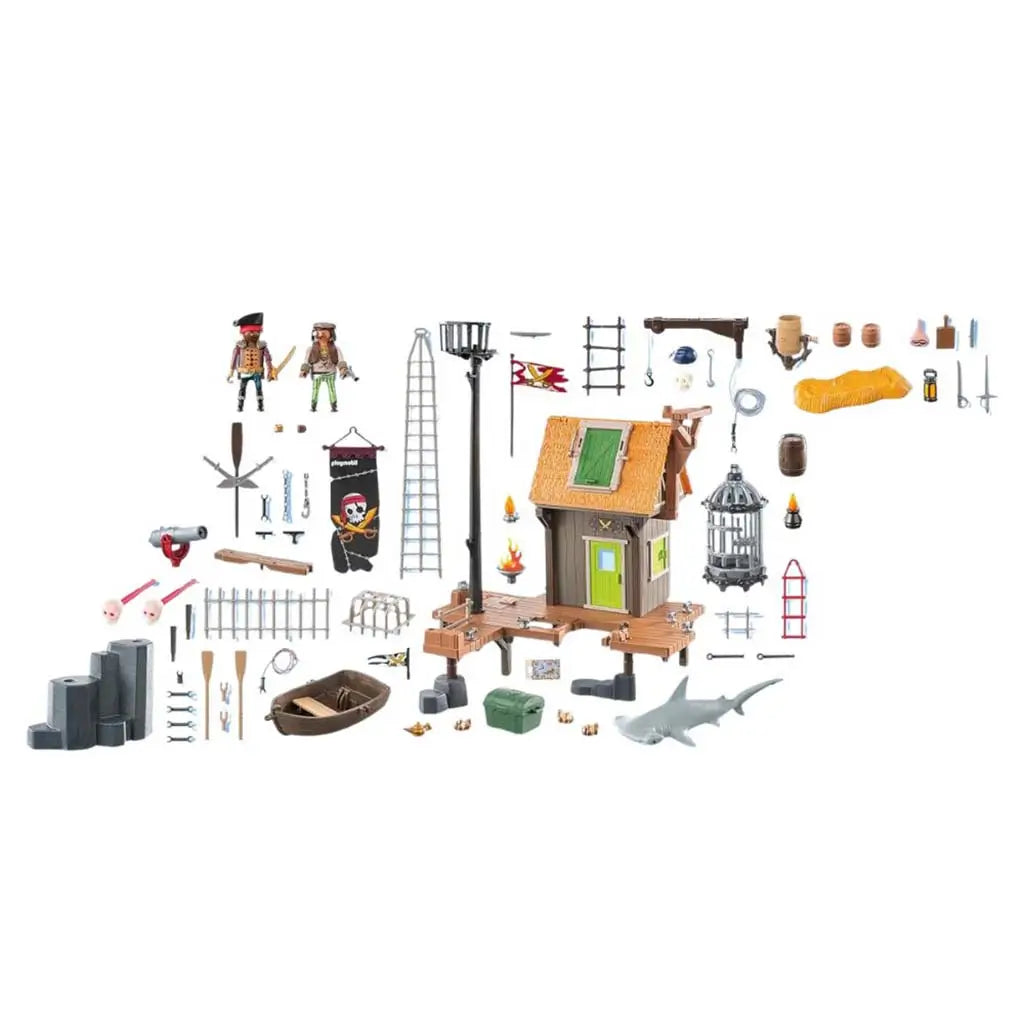 Unfolded Playmobil Pirates harbor box layout presents front, sides, and back graphics with product photos and assembly cut lines for the 71792 set packaging.