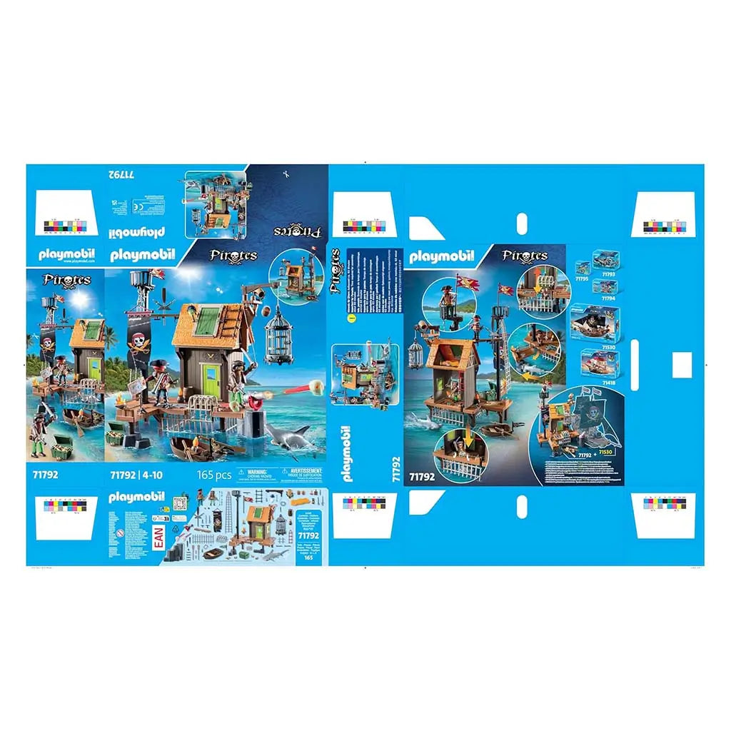 Back of the Playmobil Pirates harbor box shows detailed action features, circular close-ups, and compatible sets, highlighting cage drops, shark encounters, and pirate skiff play.