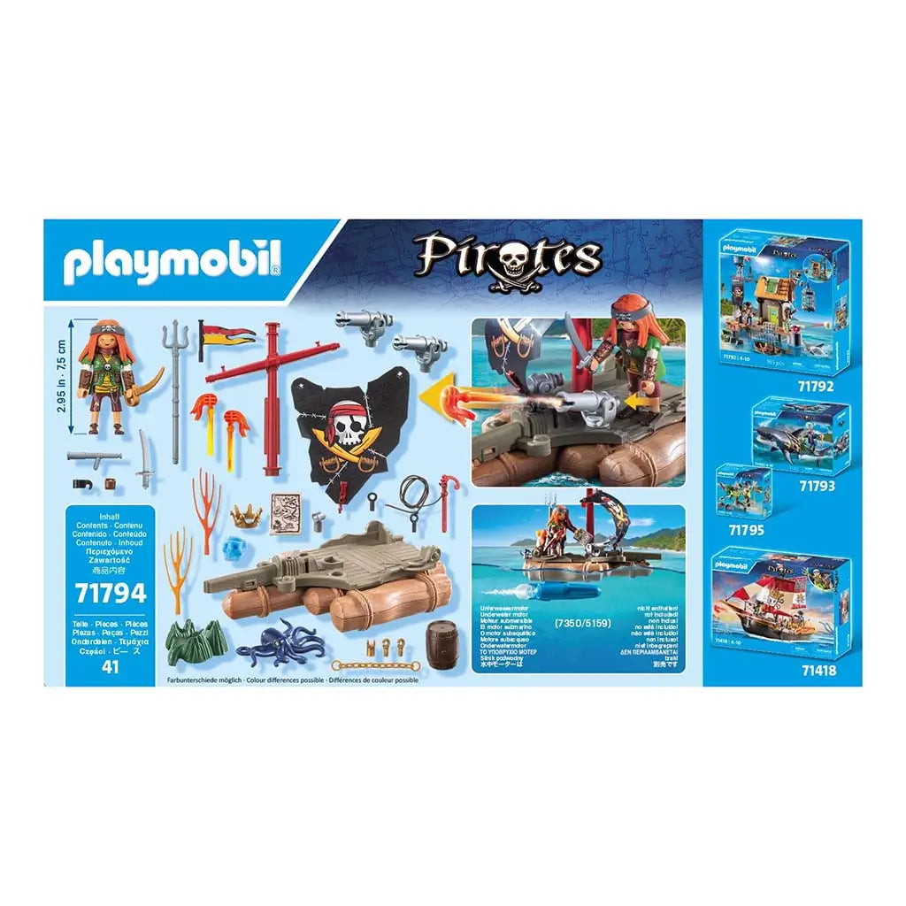 Playmobil Pirates set back panel showing contents layout with pirate figure, raft components, weapons, coral pieces and accessory images arranged on a pale blue background with side product previews.