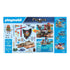 Playmobil Pirates set back panel showing contents layout with pirate figure, raft components, weapons, coral pieces and accessory images arranged on a pale blue background with side product previews.