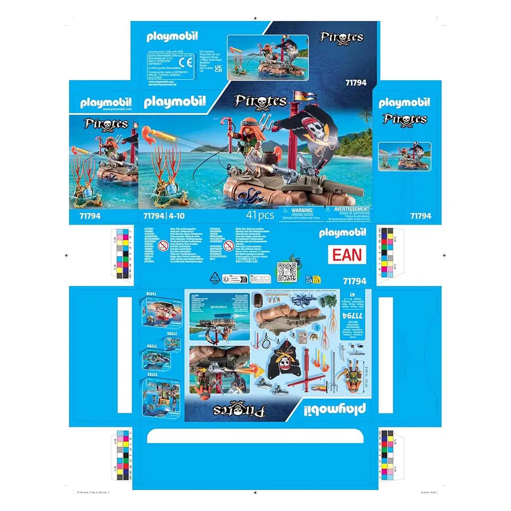 Playmobil Pirates box artwork displayed flat as a die-cut sheet with blue panels, product photos, warning labels, color bars and detailed graphics of the raft, pirate figure and accessories.