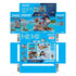 Playmobil Pirates box artwork displayed flat as a die-cut sheet with blue panels, product photos, warning labels, color bars and detailed graphics of the raft, pirate figure and accessories.