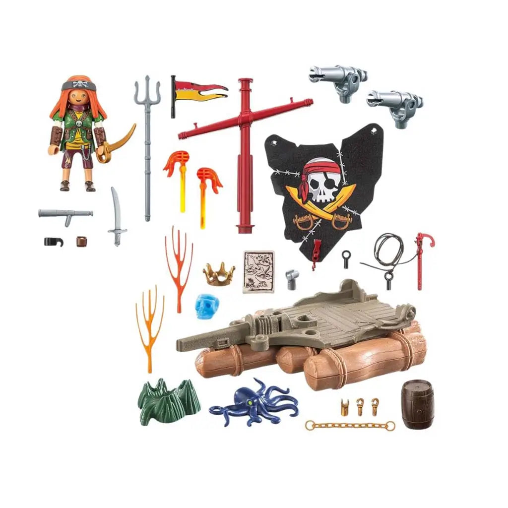 Playmobil Pirates 71794 components arranged on white background, including pirate figure, mast, skull sail, raft base, weapons, coral pieces, octopus, treasure crown, chain and other small accessories.