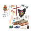 Playmobil Pirates 71794 components arranged on white background, including pirate figure, mast, skull sail, raft base, weapons, coral pieces, octopus, treasure crown, chain and other small accessories.