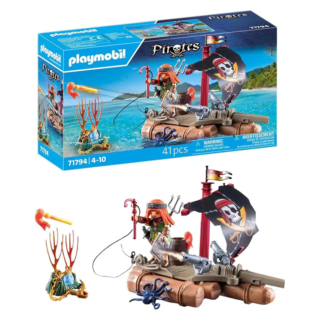 Playmobil Pirates toy set featuring colorful packaging, sturdy plastic log raft, black skull sail, pirate figure, coral treasure piece and bright ocean backdrop shown on the front panel.