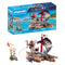 Playmobil Pirates toy set featuring colorful packaging, sturdy plastic log raft, black skull sail, pirate figure, coral treasure piece and bright ocean backdrop shown on the front panel.
