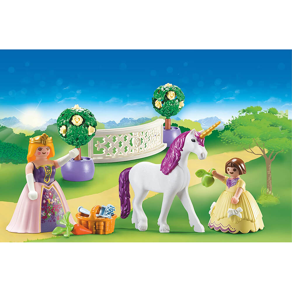 playmobil-princess-unicorn-carry-case-70107 pieces set up with background with trees