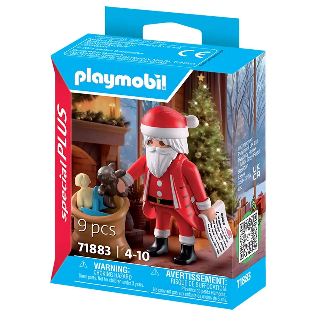 Playmobil Santa package presents red-suited figure beside toy sack and glowing tree, highlighting included accessories and festive background on vibrant Special Plus box.