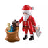 Playmobil Santa figure in red suit stands beside brown toy sack holding small teddy bear and doll, with white wishlist in hand set against clean background for festive play.
