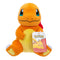 Pokémon Charmander plush toy, bright orange soft fabric with smooth fuzzy texture, rounded seated dinosaur shape with blue eyes and yellow belly, designed as a cuddly collectible on white background.