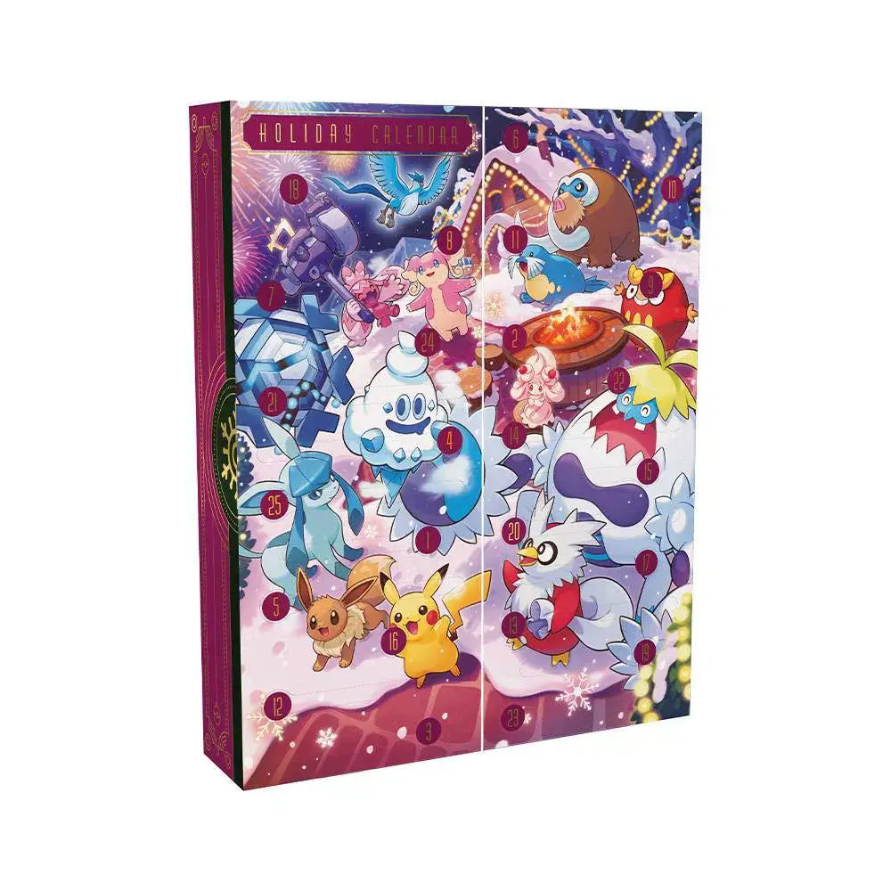 Open Pokémon TCG Holiday Calendar 2025 box with colorful snowy artwork of Pikachu, Eevee, Vanillite, and other Pokémon, featuring 25 numbered slots for daily surprises.