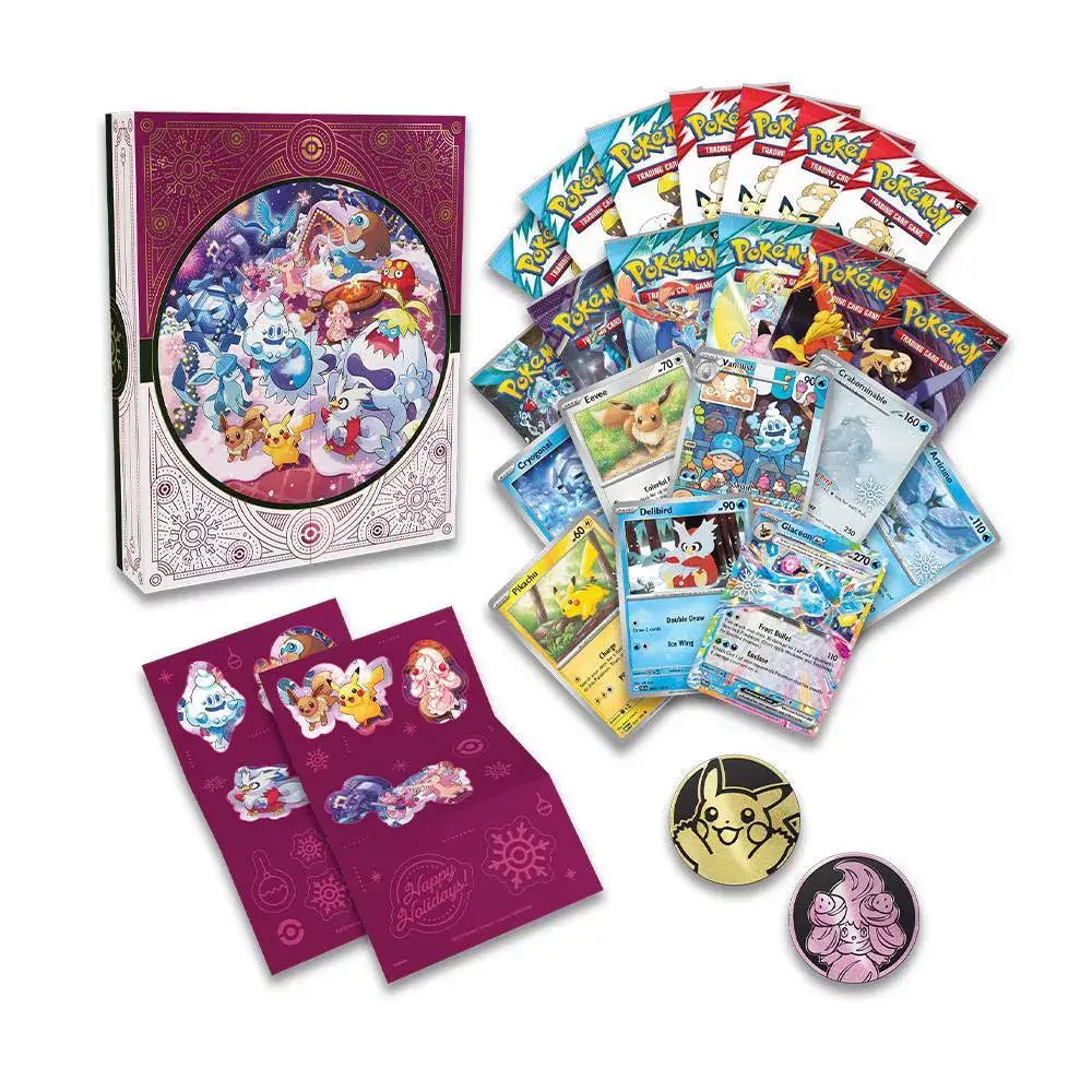 Pokémon TCG Holiday Calendar 2025 contents including booster packs, promo cards, festive stickers, Pikachu and Sylveon coins, all displayed beside a decorated collector box.