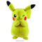 Pikachu plush toy showcases a bright yellow soft fabric figure with a smooth velvety texture, rounded body and tall pointed ears, posed with clasped paws and a playful wink against a clean white background.