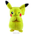 Pikachu plush toy showcases a bright yellow soft fabric figure with a smooth velvety texture, rounded body and tall pointed ears, posed with clasped paws and a playful wink against a clean white background.
