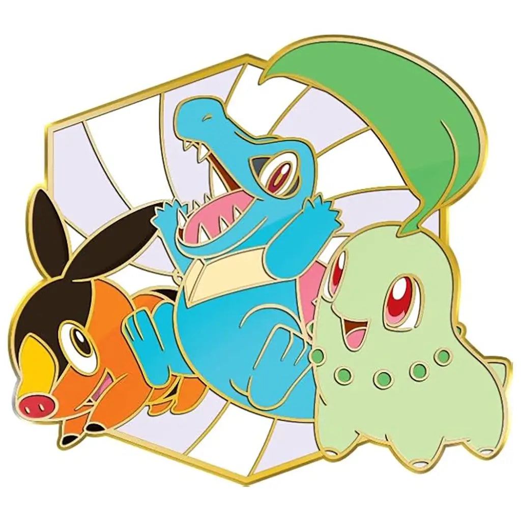 Pokemon enamel pin green blue and orange glossy metal accessory with smooth outlined shapes, featuring Chikorita Totodile and Tepig grouped together in playful pose on simple white background