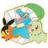 Pokemon enamel pin green blue and orange glossy metal accessory with smooth outlined shapes, featuring Chikorita Totodile and Tepig grouped together in playful pose on simple white background