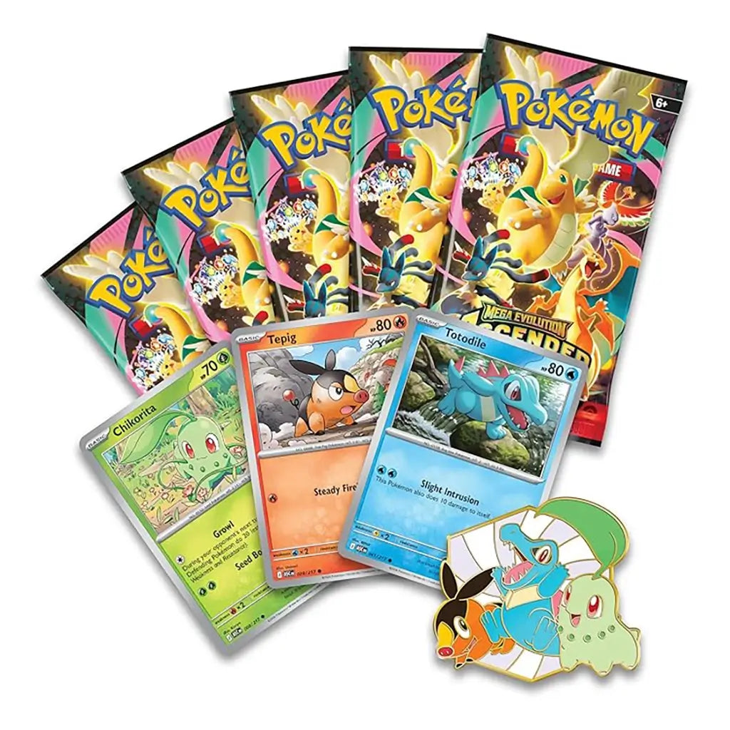 Pokemon booster packs and promo cards colorful foil and cardstock items with glossy texture, Mega Evolutions Ascended Heroes set featuring Chikorita Tepig and Totodile cards plus enamel pin, arranged on clean white background
