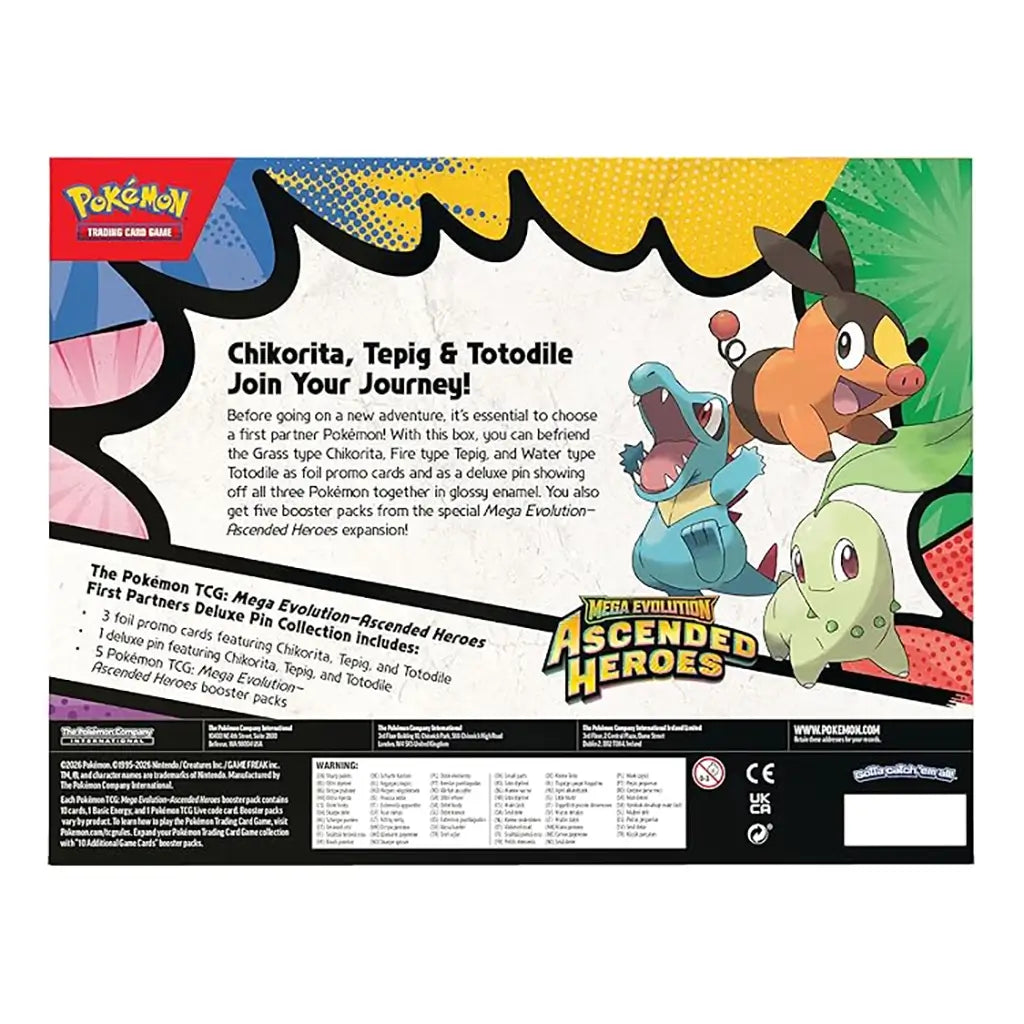 Pokemon TCG packaging back multicolor cardboard box with printed text and character artwork, First Partners Deluxe Pin Collection showing Chikorita Tepig and Totodile with product details on bright graphic background